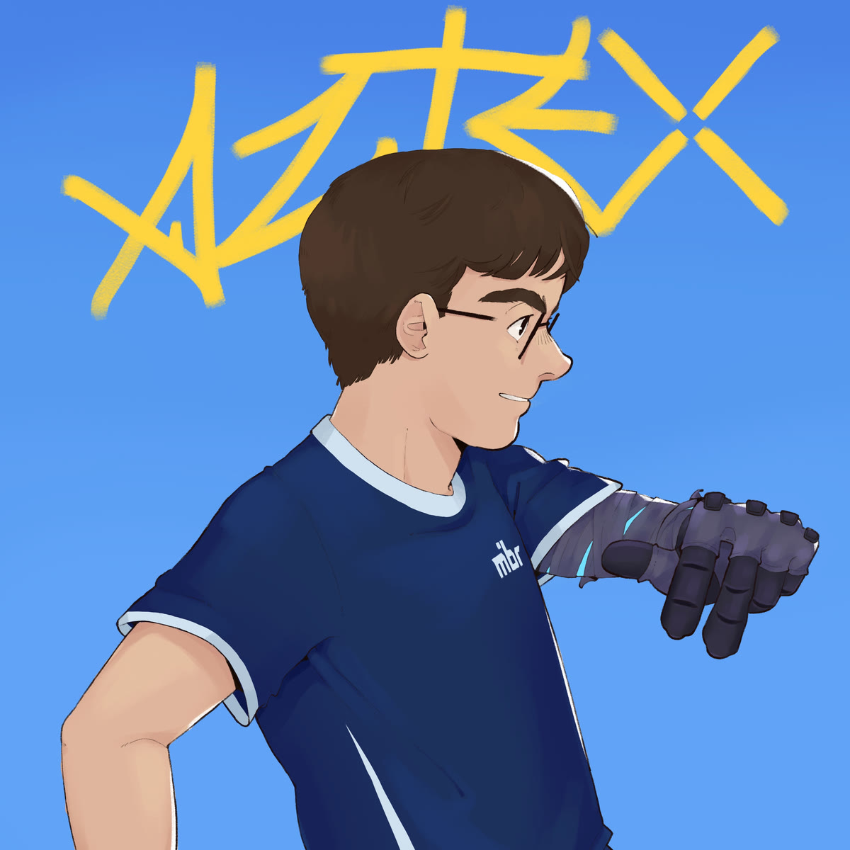 Ilustração do aztex de perfil, de óculos, sorrindo, com camisa azul-marinho e um braço robótico, sobre fundo azul-céu com a assinatura AZTEX pintada em amarelo.